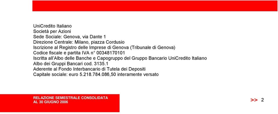 Iscritta all Albo delle Banche e Capogruppo del Gruppo Bancario UniCredito Italiano Albo dei Gruppi Bancari cod. 3135.