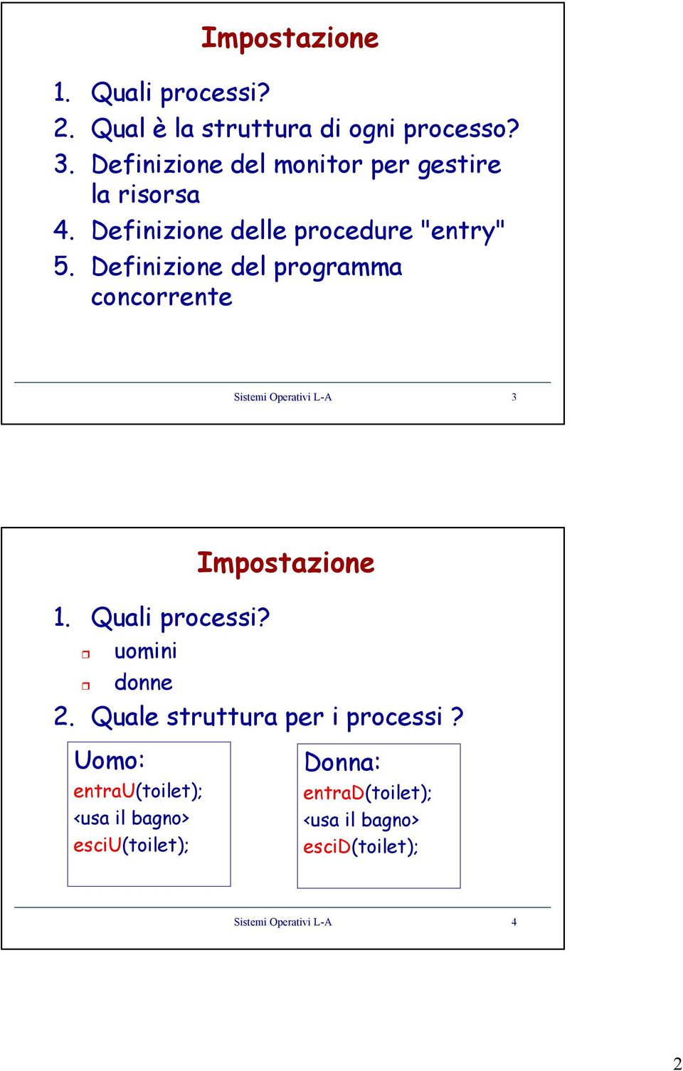 Definizione del programma concorrente Sistemi Operativi L-A 3 1. Quali processi? uomini Impostazione donne 2.