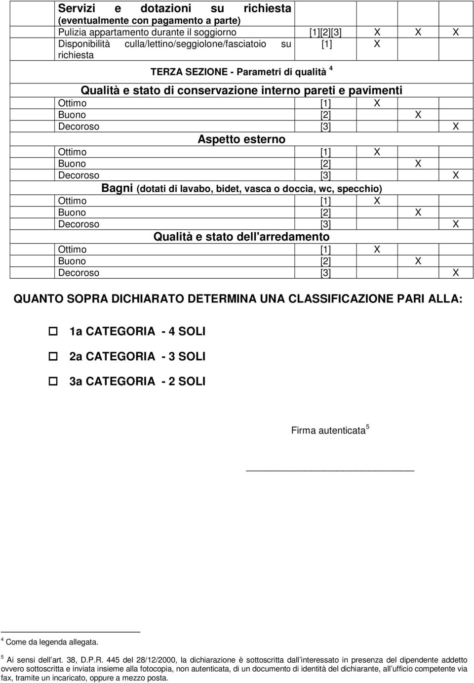 dell'arredamento QUANTO SOPRA DICHIARATO DETERMINA UNA CLASSIFICAZIONE PARI ALLA: 1a CATEGORIA - 4 SOLI 2a CATEGORIA - 3 SOLI 3a CATEGORIA - 2 SOLI Firma autenticata 5 4 Come da legenda allegata.