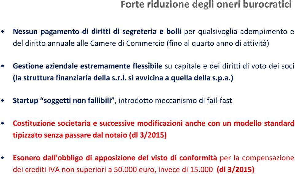 p.a.) Startup soggetti non fallibili, introdotto meccanismo di fail-fast Costituzione societaria e successive modificazioni anche con un modello standard tipizzato senza