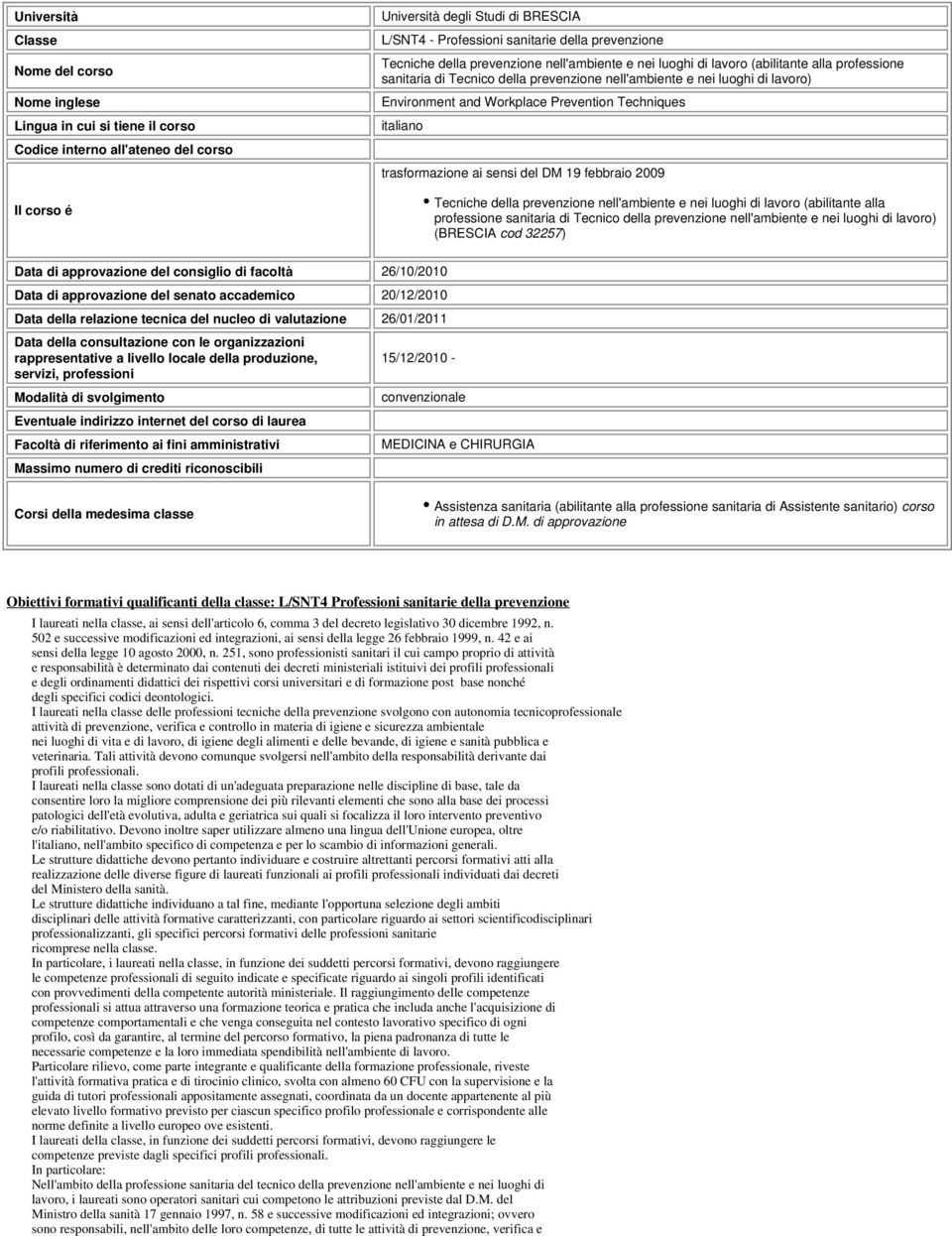 Workplace Prevention Techniques italiano trasformazione ai sensi del DM 19 febbraio 2009 Tecniche della prevenzione nell'ambiente e nei luoghi di lavoro (abilitante alla professione sanitaria di