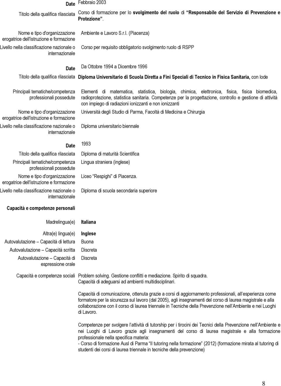 requisito obbligatorio svolgimento ruolo di RSPP Date Da Ottobre 1994 a Dicembre 1996 Titolo della qualifica rilasciata Diploma Universitario di Scuola Diretta a Fini Speciali di Tecnico in Fisica