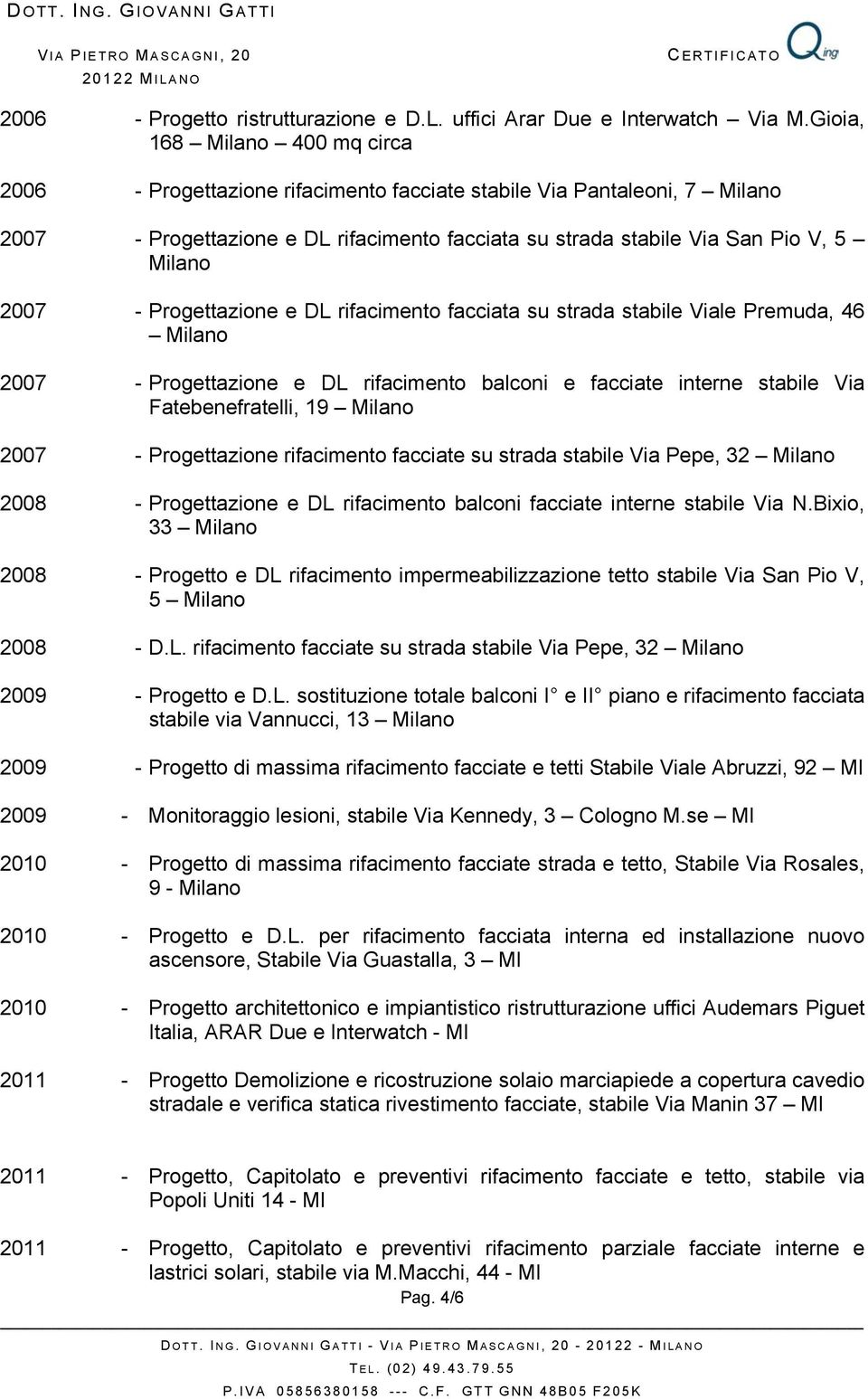 - Progettazione e DL rifacimento facciata su strada stabile Viale Premuda, 46 Milano 2007 - Progettazione e DL rifacimento balconi e facciate interne stabile Via Fatebenefratelli, 19 Milano 2007 -