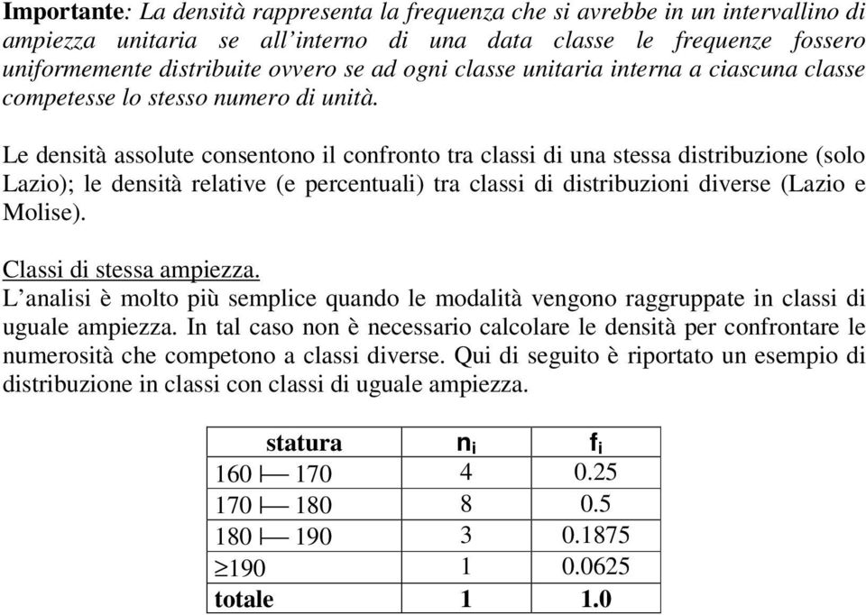 Le densità assolute consentono il confronto tra classi di una stessa distribuzione (solo Lazio); le densità relative (e percentuali) tra classi di distribuzioni diverse (Lazio e Molise).