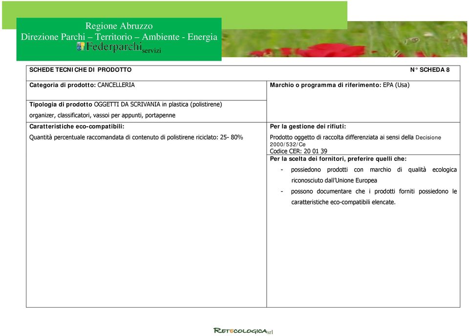 Prodotto oggetto di raccolta differenziata ai sensi della Decisione 2000/532/Ce Codice CER: 20 01 39 Per la scelta dei fornitori, preferire quelli che: - possiedono