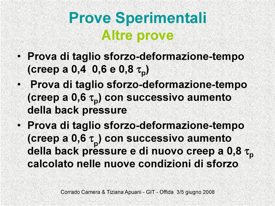 della back pressure Prova di taglio sforzo-deformazione-tempo (creep a 0,6 τ p ) con