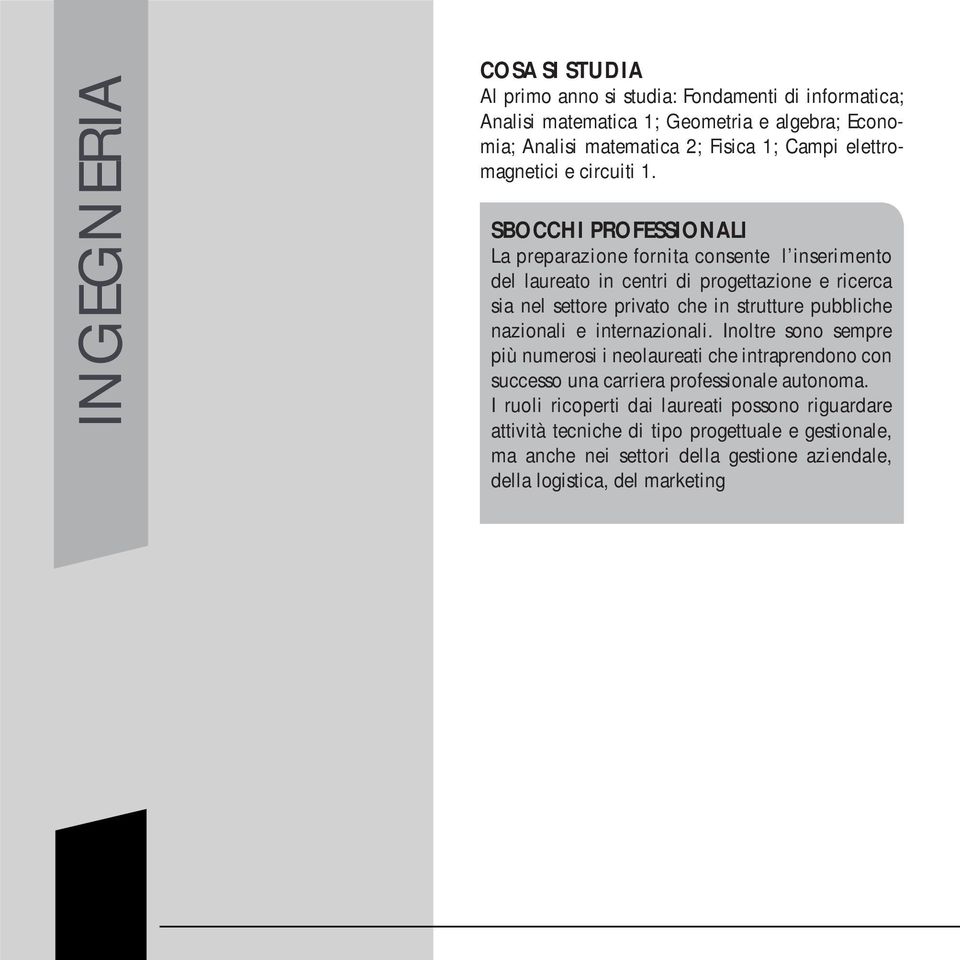 SBOCCHI PROFESSIONALI La preparazione fornita consente l inserimento del laureato in centri di progettazione e ricerca sia nel settore privato che in strutture pubbliche