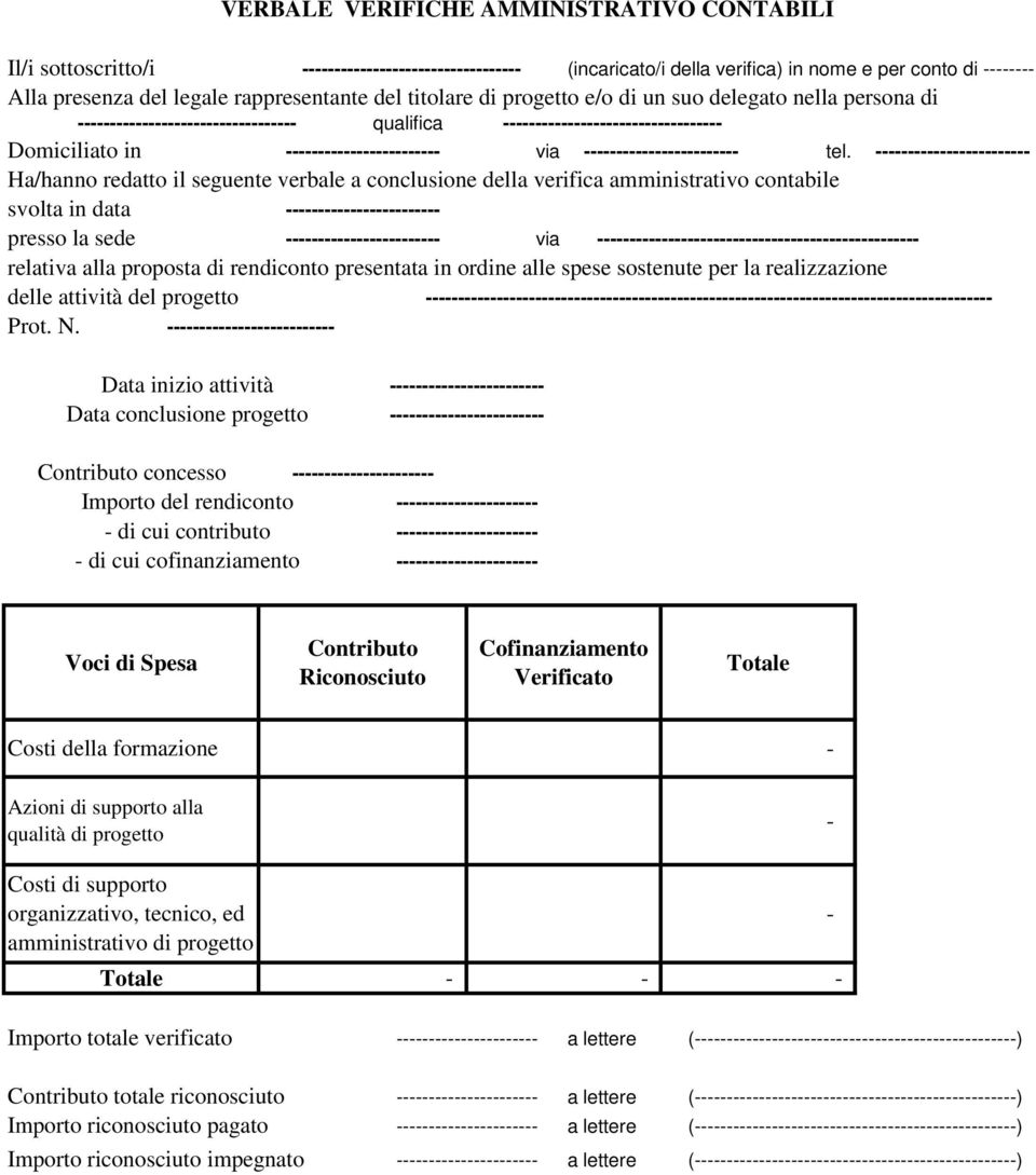 Ha/hanno redatto il seguente verbale a conclusione della verifica amministrativo contabile svolta in data presso la sede via relativa alla proposta di rendiconto presentata in ordine alle spese