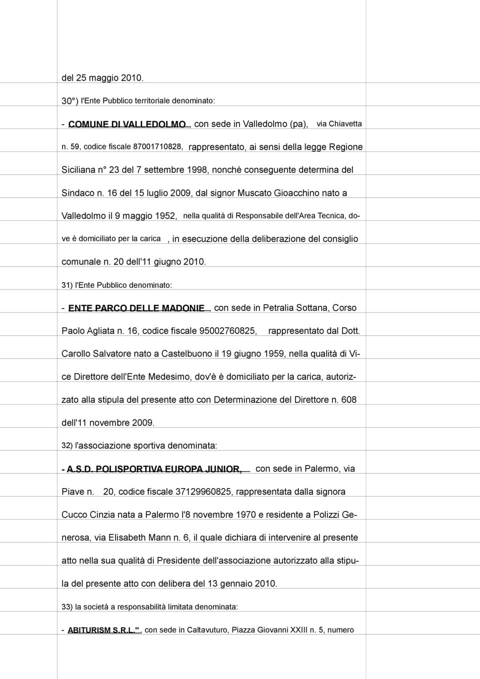 16 del 15 luglio 2009, dal signor Muscato Gioacchino nato a Valledolmo il 9 maggio 1952, nella qualità di Responsabile dell'area Tecnica, do- ve è domiciliato per la carica, in esecuzione della