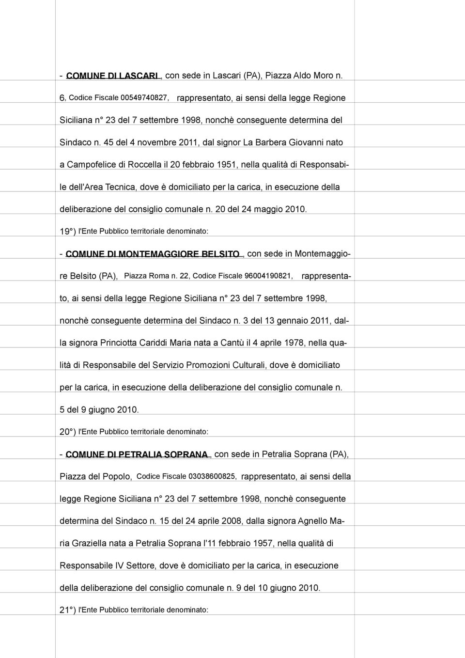 45 del 4 novembre 2011, dal signor La Barbera Giovanni nato a Campofelice di Roccella il 20 febbraio 1951, nella qualità di Responsabile dell'area Tecnica, dove è domiciliato per la carica, in