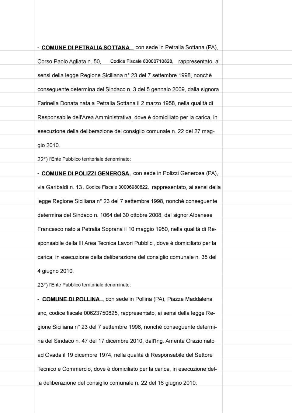 3 del 5 gennaio 2009, dalla signora Farinella Donata nata a Petralia Sottana il 2 marzo 1958, nella qualità di Responsabile dell'area Amministrativa, dove è domiciliato per la carica, in esecuzione