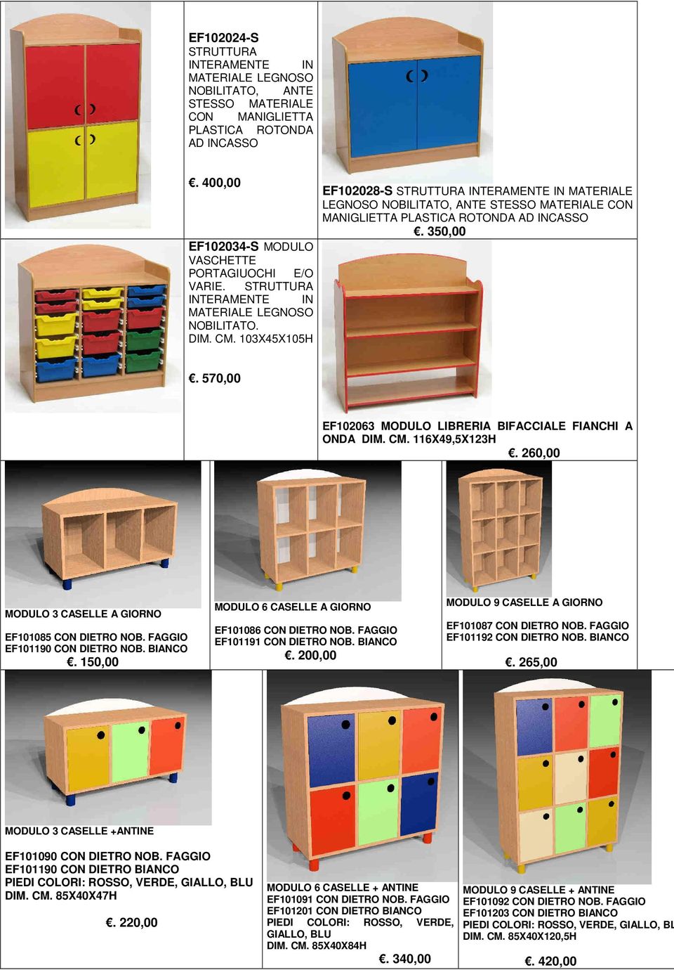 103X45X105H EF102028-S STRUTTURA INTERAMENTE IN MATERIALE LEGNOSO NOBILITATO, ANTE STESSO MATERIALE CON MANIGLIETTA PLASTICA ROTONDA AD INCASSO. 350,00.