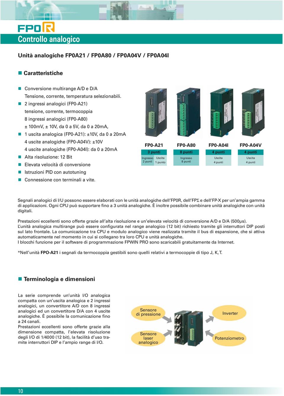 analogiche (FP0-A04V): ±10V 4 uscite analogiche (FP0-A04I): da 0 a 20mA Alta risoluzione: 12 Bit Elevata velocità di conversione Istruzioni PID con autotuning Connessione con terminali a vite.