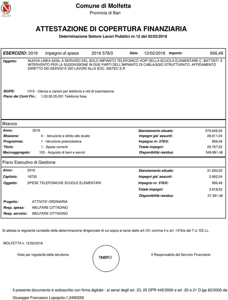 BATTISTI E INTERVENTO PER LA SUDDIVISIONE IN DUE PARTI DELL IMPIANTO DI CABLAGGIO STRUTTURATO. AFFIDAMENTO DIRETTO DEI SERVIZI E DEI LAVORI ALLA SOC. SISTEC S.