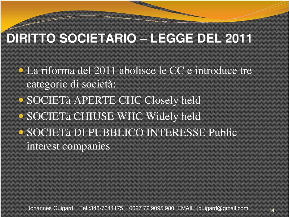 SOCIETà APERTE CHC Closely held SOCIETà CHIUSE WHC