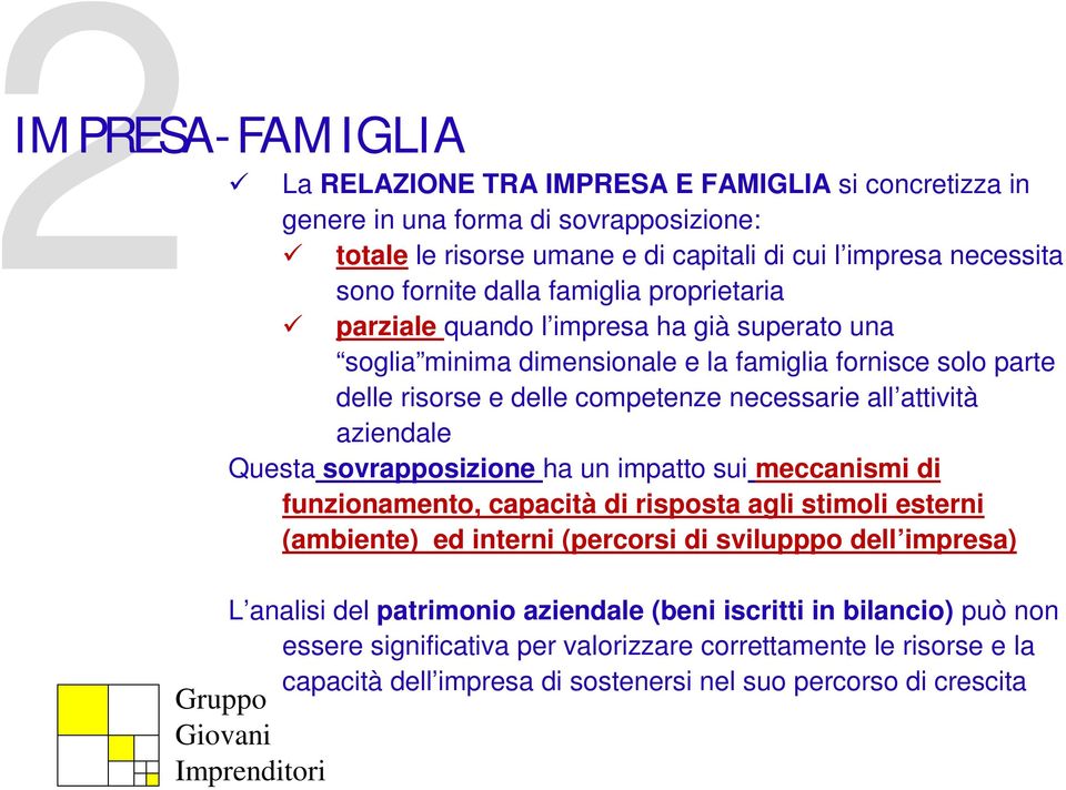 aziendale Questa sovrapposizione ha un impatto sui meccanismi di funzionamento, capacità di risposta agli stimoli esterni (ambiente) ed interni (percorsi di svilupppo dell impresa) L analisi