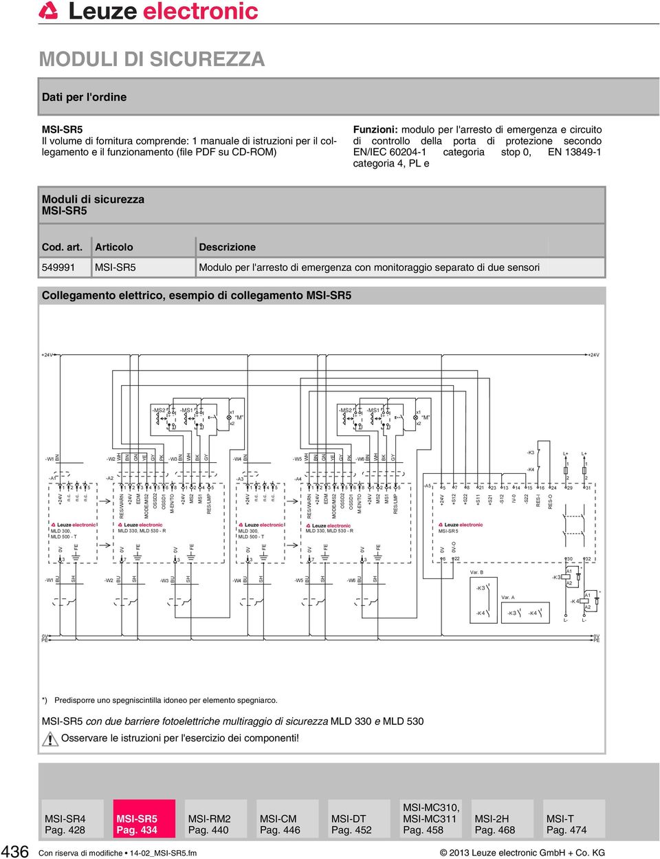 Articolo Descrizione 54999 MSI-SR5 Modulo per l'arresto di emergenza con monitoraggio separato di due sensori Collegamento elettrico, esempio di collegamento MSI-SR5 -MS +- -MS +- x M x -MS +- -MS +-