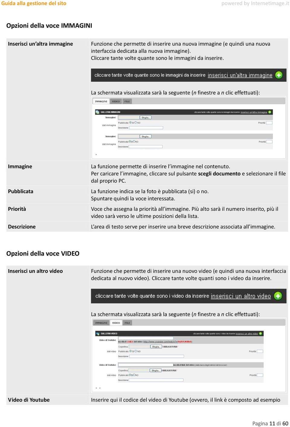 La schermata visualizzata sarà la seguente (n finestre a n clic effettuati): Immagine Pubblicata Priorità Descrizione La funzione permette di inserire l immagine nel contenuto.