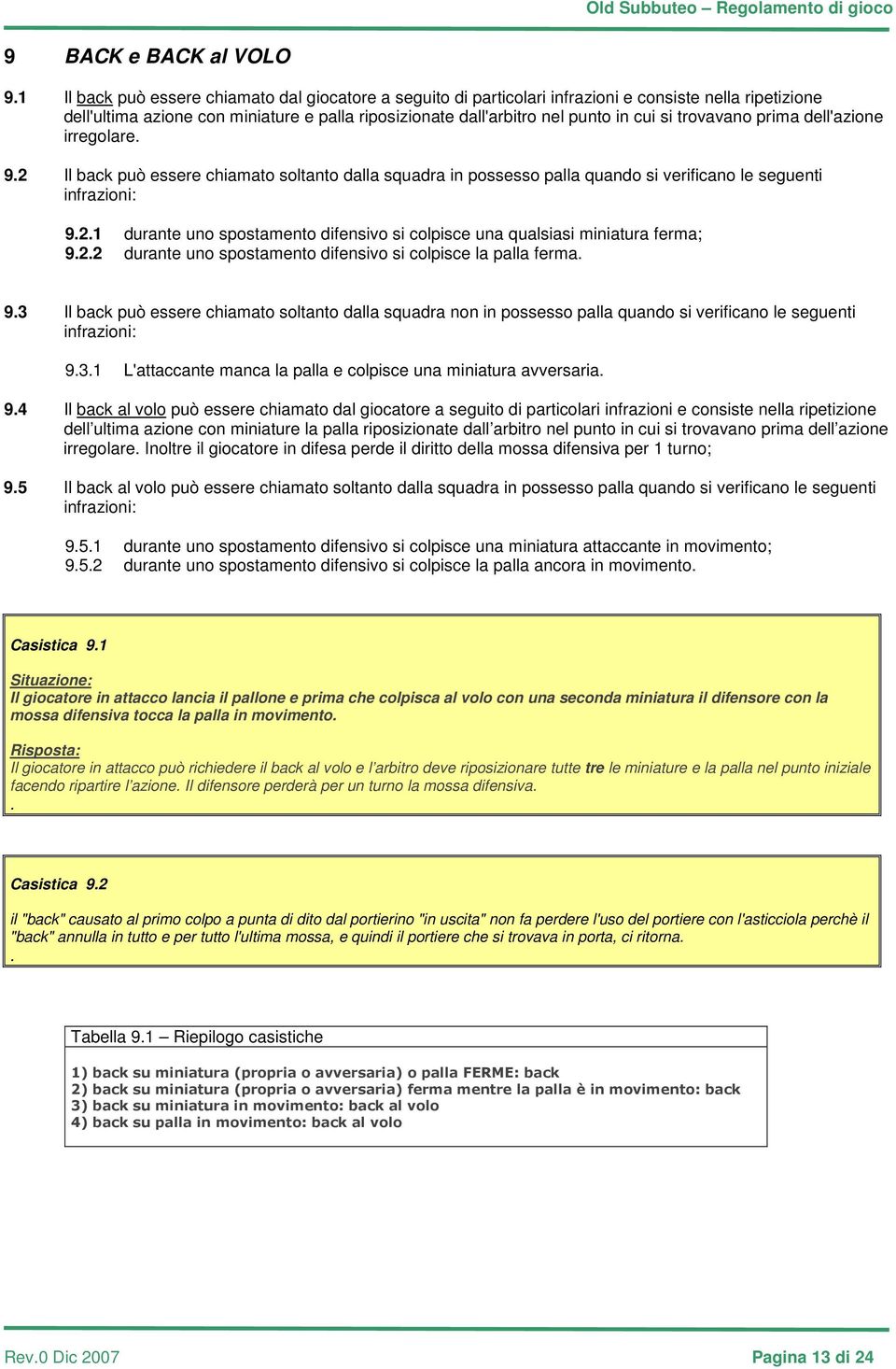 trovavano prima dell'azione irregolare. 9.2 Il back può essere chiamato soltanto dalla squadra in possesso palla quando si verificano le seguenti infrazioni: 9.2.1 durante uno spostamento difensivo si colpisce una qualsiasi miniatura ferma; 9.