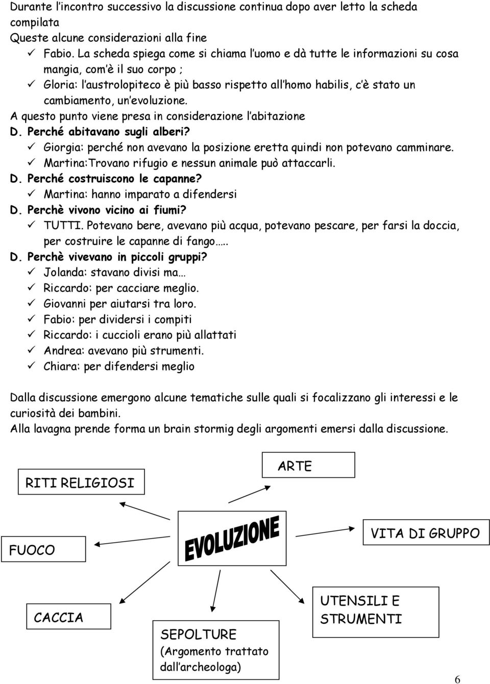 evoluzione. A questo punto viene presa in considerazione l abitazione D. Perché abitavano sugli alberi? Giorgia: perché non avevano la posizione eretta quindi non potevano camminare.