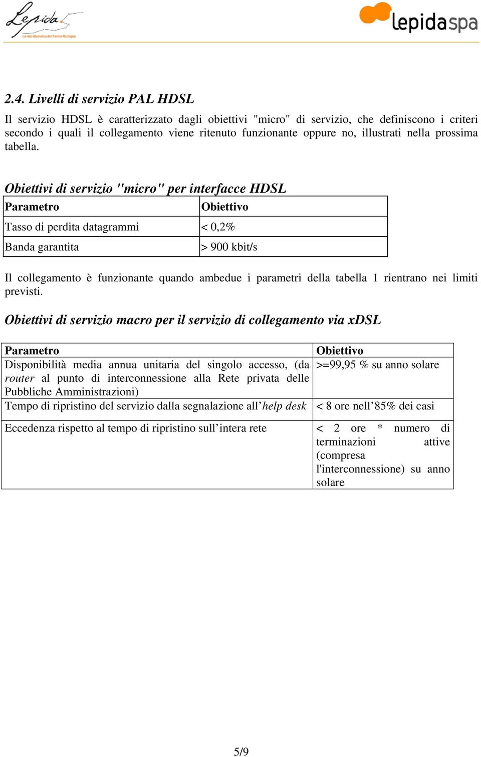 Obiettivi di servizio "micro" per interfacce HDSL Parametro Obiettivo Tasso di perdita datagrammi < 0,2% Banda garantita > 900 kbit/s Il collegamento è funzionante quando ambedue i parametri della