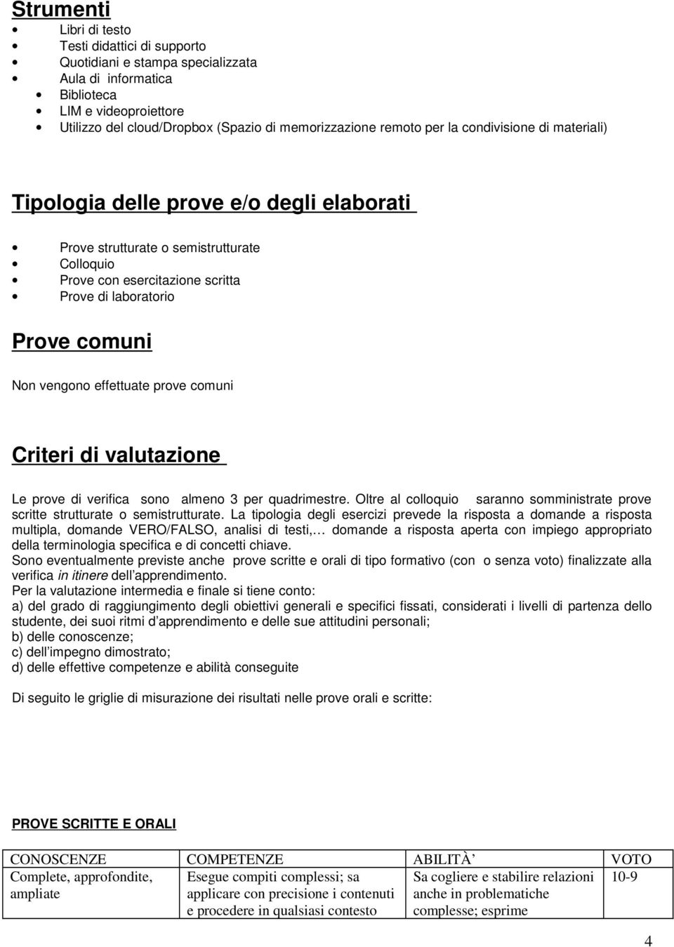 effettuate prove comuni Criteri di valutazione Le prove di verifica sono almeno 3 per quadrimestre. Oltre al colloquio saranno somministrate prove scritte strutturate o semistrutturate.