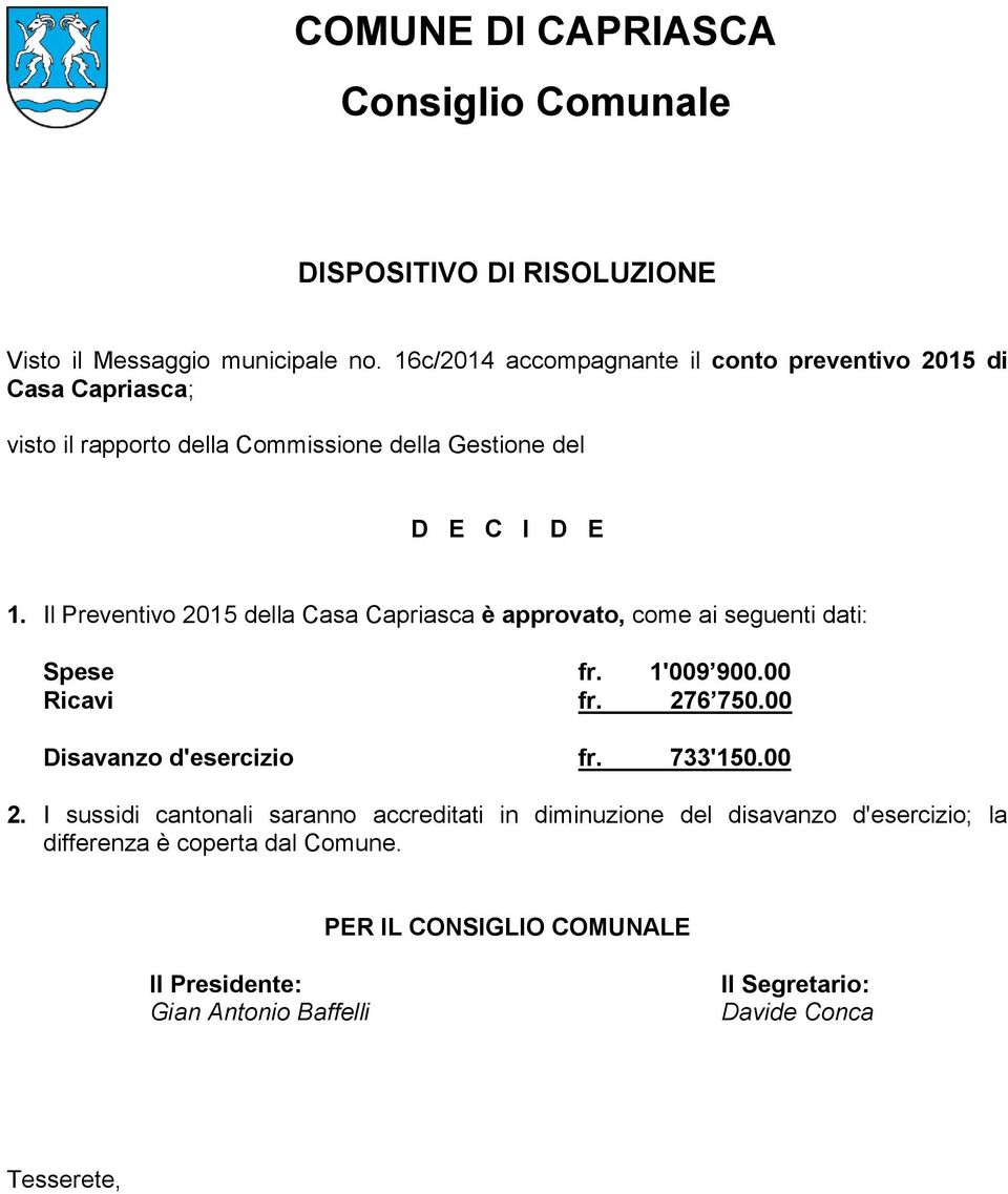 Il Preventivo 2015 della Casa Capriasca è approvato, come ai seguenti dati: Spese fr. 1'009 900.00 Ricavi fr. 276 750.00 Disavanzo d'esercizio fr. 733'150.