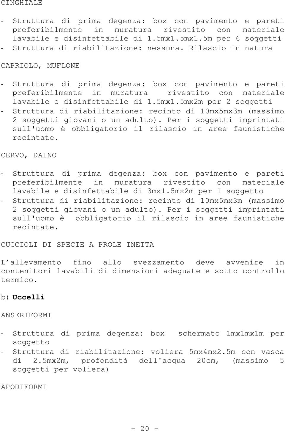 Rilascio in natura CAPRIOLO, MUFLONE - Struttura di prima degenza: box con pavimento e pareti preferibilmente in muratura rivestito con materiale lavabile e disinfettabile di 1.5mx1.