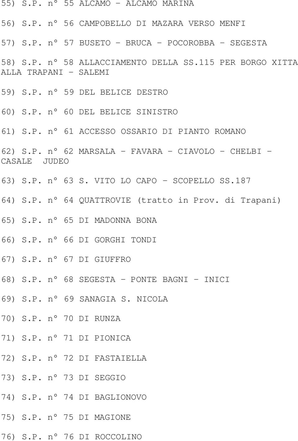 P. n 63 S. VITO LO CAPO - SCOPELLO SS.187 64) S.P. n 64 QUATTROVIE (tratto in Prov. di Trapani) 65) S.P. n 65 DI MADONNA BONA 66) S.P. n 66 DI GORGHI TONDI 67) S.P. n 67 DI GIUFFRO 68) S.P. n 68 SEGESTA - PONTE BAGNI - INICI 69) S.