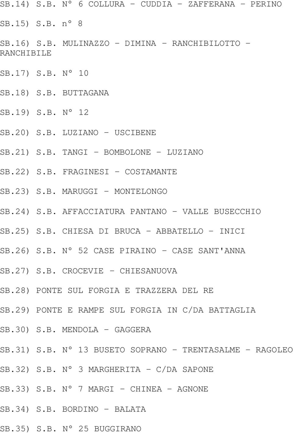 26) S.B. N 52 CASE PIRAINO - CASE SANT'ANNA SB.27) S.B. CROCEVIE - CHIESANUOVA SB.28) PONTE SUL FORGIA E TRAZZERA DEL RE SB.29) PONTE E RAMPE SUL FORGIA IN C/DA BATTAGLIA SB.30) S.B. MENDOLA - GAGGERA SB.