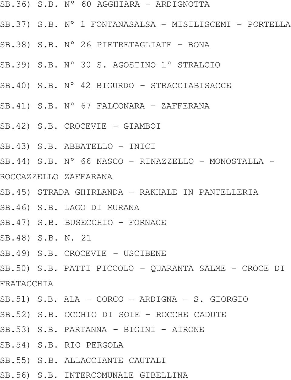 45) STRADA GHIRLANDA - RAKHALE IN PANTELLERIA SB.46) S.B. LAGO DI MURANA SB.47) S.B. BUSECCHIO FORNACE SB.48) S.B. N. 21 SB.49) S.B. CROCEVIE USCIBENE SB.50) S.B. PATTI PICCOLO QUARANTA SALME CROCE DI FRATACCHIA SB.