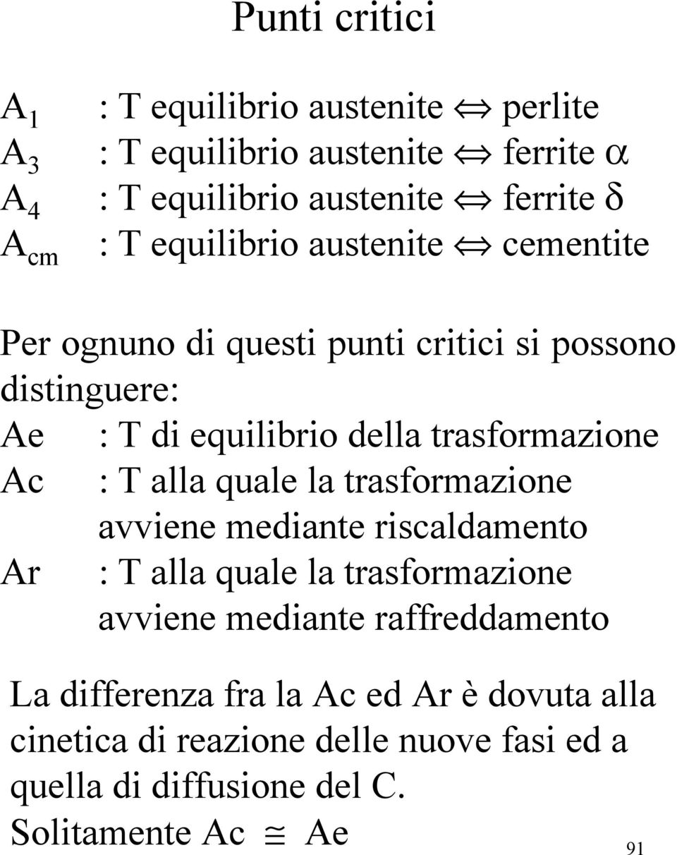 trasformazione Ac : T alla quale la trasformazione avviene mediante riscaldamento Ar : T alla quale la trasformazione avviene mediante