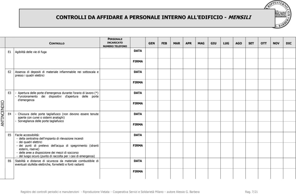 dispositivi d apertura delle porte d emergenza E4 - Chiusura delle porte tagliafuoco (non devono essere tenute aperte con cunei o sistemi analoghi) - Sorveglianza delle porte tagliafuoco E5 E6 Facile