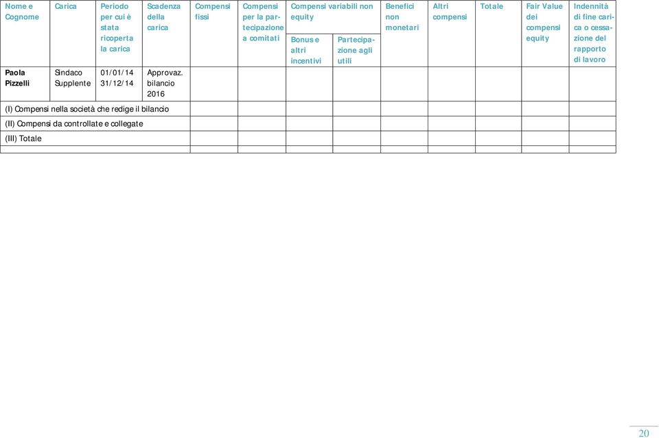 incentivi Partecipazione agli utili Benefici non monetari Altri compensi Totale Fair Value dei compensi equity