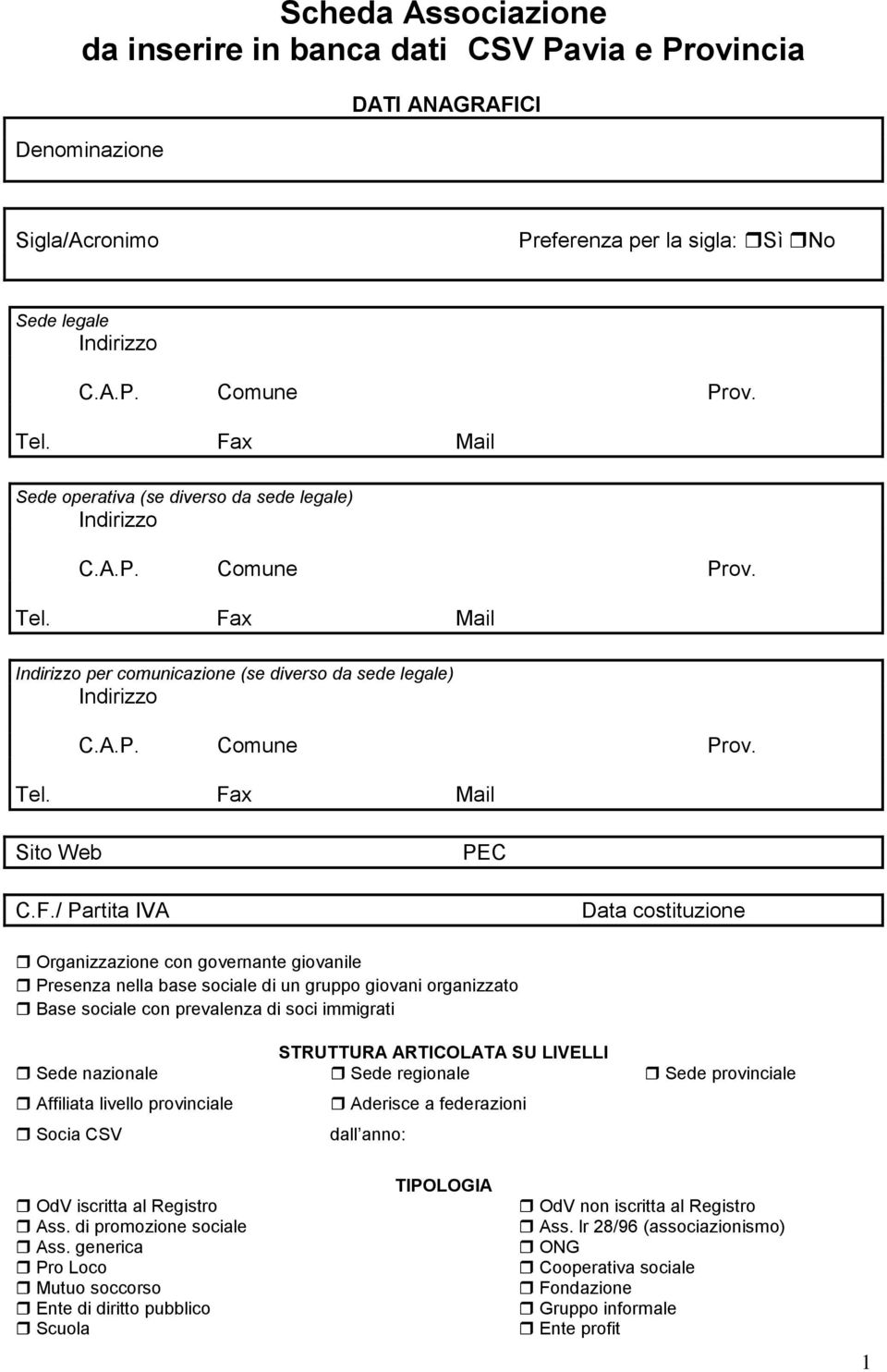 / Partita IVA Data costituzione Organizzazione con governante giovanile Presenza nella base sociale di un gruppo giovani organizzato Base sociale con prevalenza di soci immigrati STRUTTURA ARTICOLATA