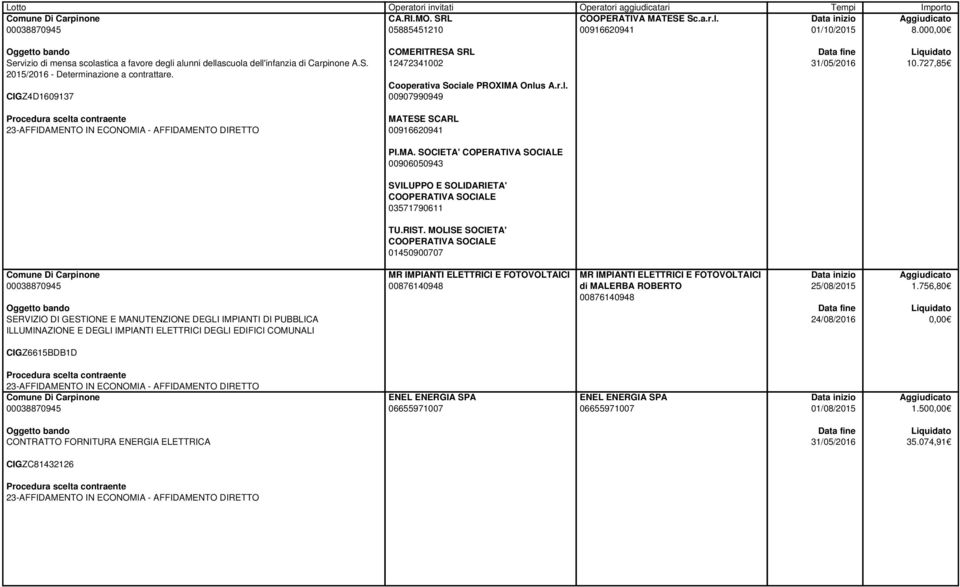 RIST. MOLISE SOCIETA' COOPERATIVA SOCIALE 01450900707 SERVIZIO DI GESTIONE E MANUTENZIONE DEGLI IMPIANTI DI PUBBLICA ILLUMINAZIONE E DEGLI IMPIANTI ELETTRICI DEGLI EDIFICI COMUNALI MR IMPIANTI