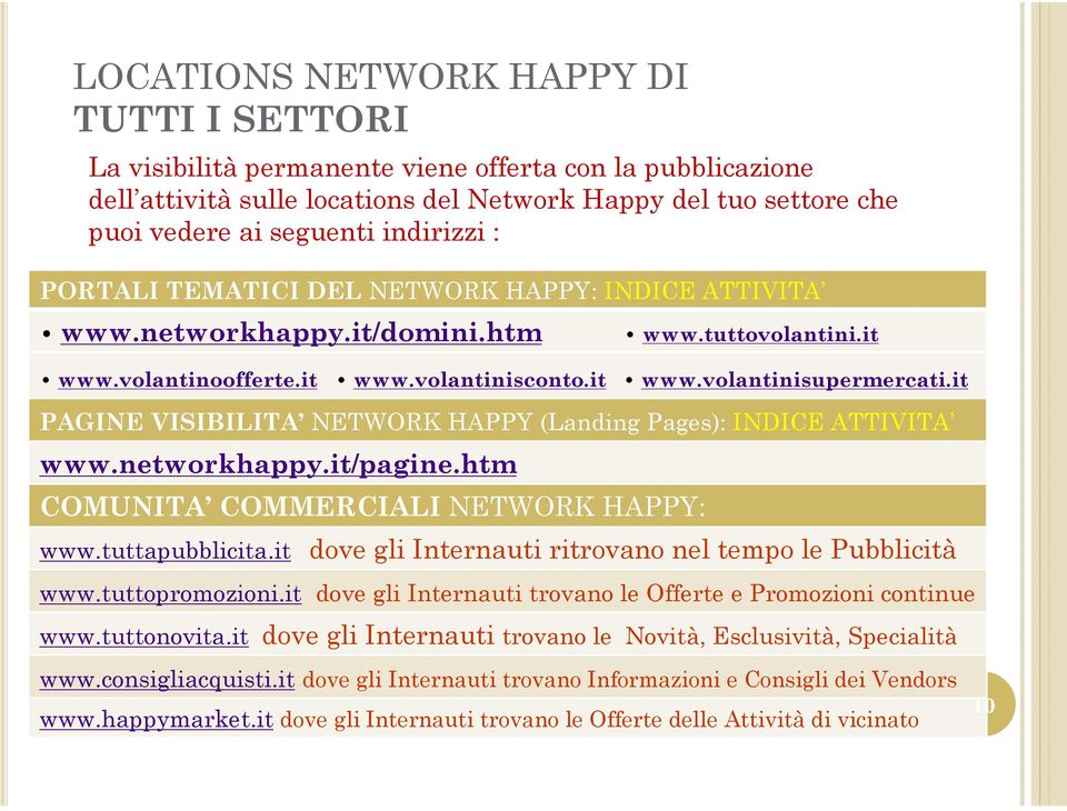 it PAGINE VISIBILITA NETWORK HAPPY (Landing Pages): INDICE ATTIVITA www.networkhappy.it/pagine.htm COMUNITA COMMERCIALI NETWORK HAPPY: www.tuttapubblicita.