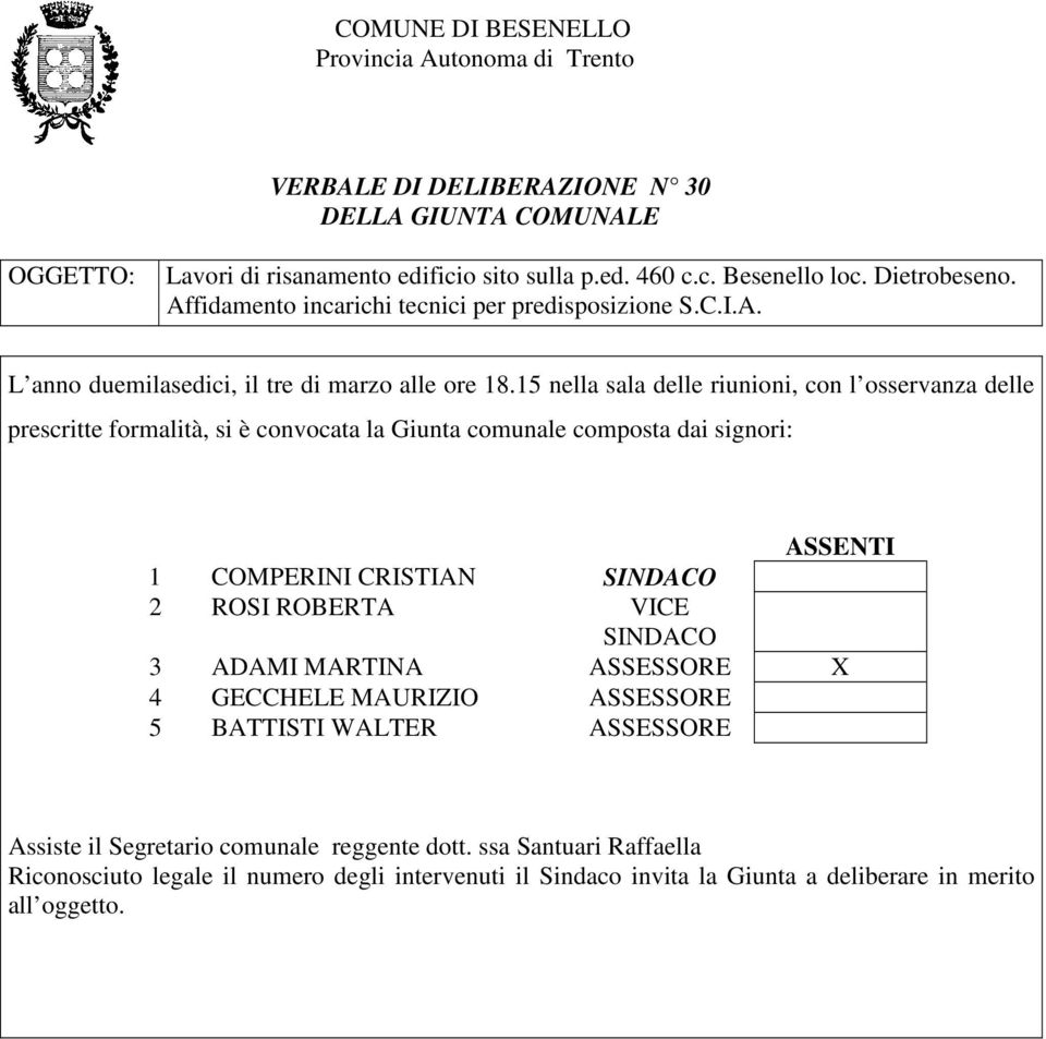 15 nella sala delle riunioni, con l osservanza delle prescritte formalità, si è convocata la Giunta comunale composta dai signori: ASSENTI 1 COMPERINI CRISTIAN SINDACO 2 ROSI ROBERTA VICE