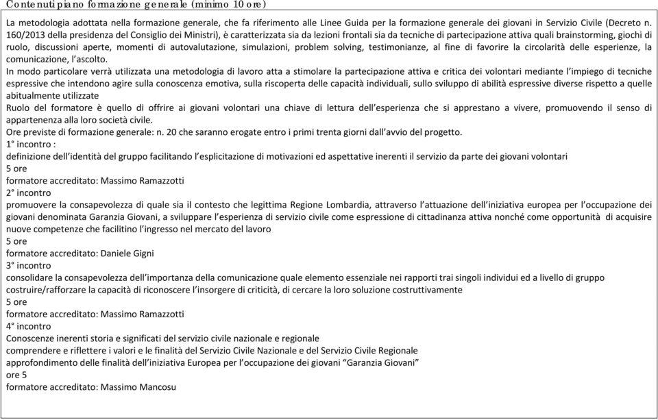 160/2013 della presidenza del Consiglio dei Ministri), è caratterizzata sia da lezioni frontali sia da tecniche di partecipazione attiva quali brainstorming, giochi di ruolo, discussioni aperte,