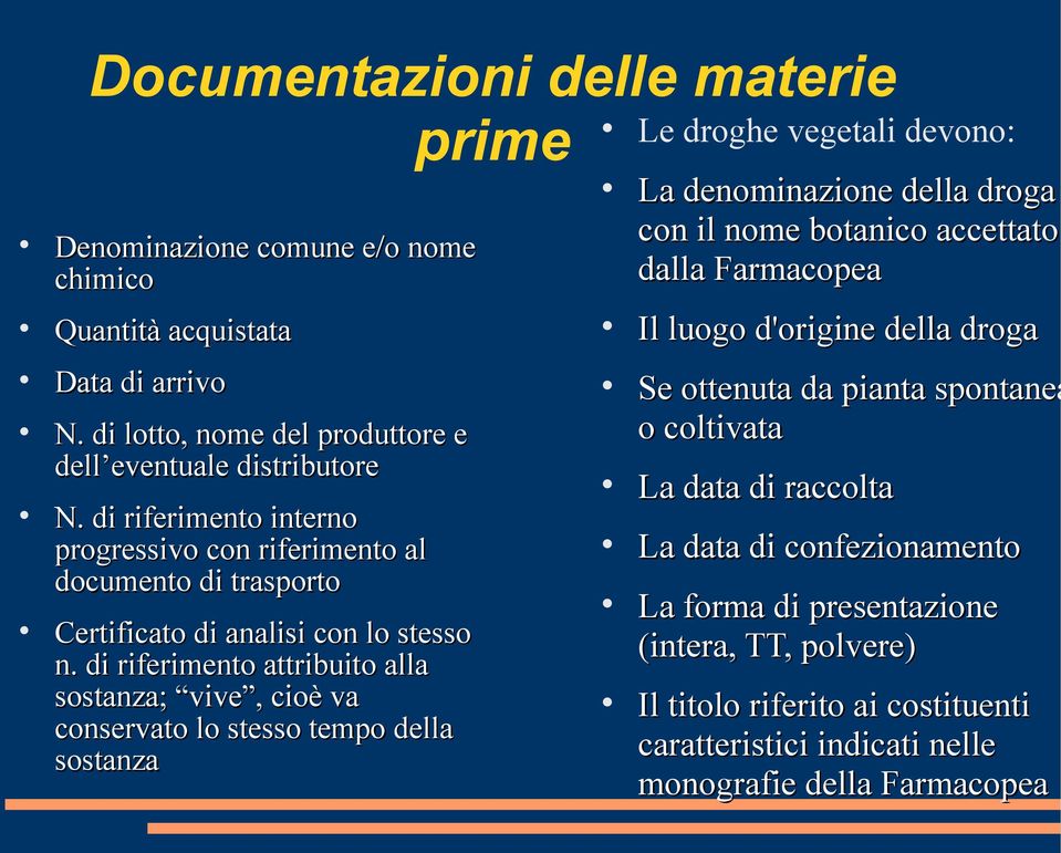 di riferimento attribuito alla sostanza; vive, cioè va conservato lo stesso tempo della sostanza Le droghe vegetali devono: La denominazione della droga con il nome botanico accettato