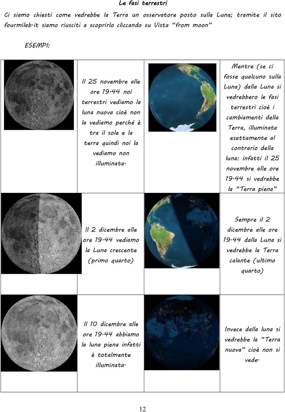 44 noi terrestri vediamo la luna nuova cioè non la vediamo perché è tra il sole e la terra quindi noi la vediamo non illuminata.
