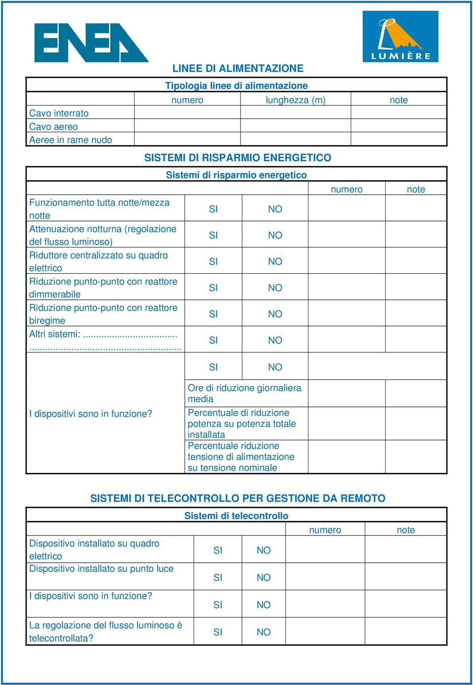 ..... LINEE DI ALIMENTAZIONE Tipologia linee di alimentazione numero lunghezza (m) note STEMI DI RISPARMIO ENERGETICO Sistemi di risparmio energetico numero note I dispositivi sono in funzione?