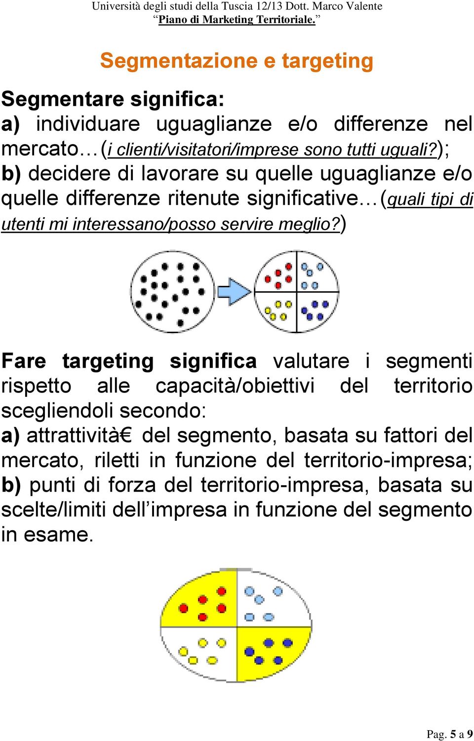 ) Fare targeting significa valutare i segmenti rispetto alle capacità/obiettivi del territorio scegliendoli secondo: a) attrattività del segmento, basata su
