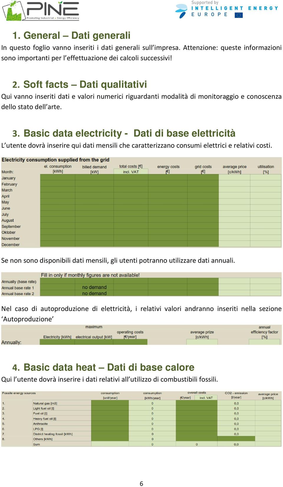 Basic data electricity - Dati di base elettricità L utente dovrà inserire qui dati mensili che caratterizzano consumi elettrici e relativi costi.