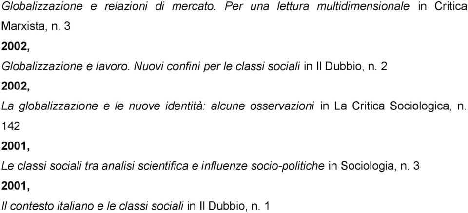 2 2002, La globalizzazione e le nuove identità: alcune osservazioni in La Critica Sociologica, n.