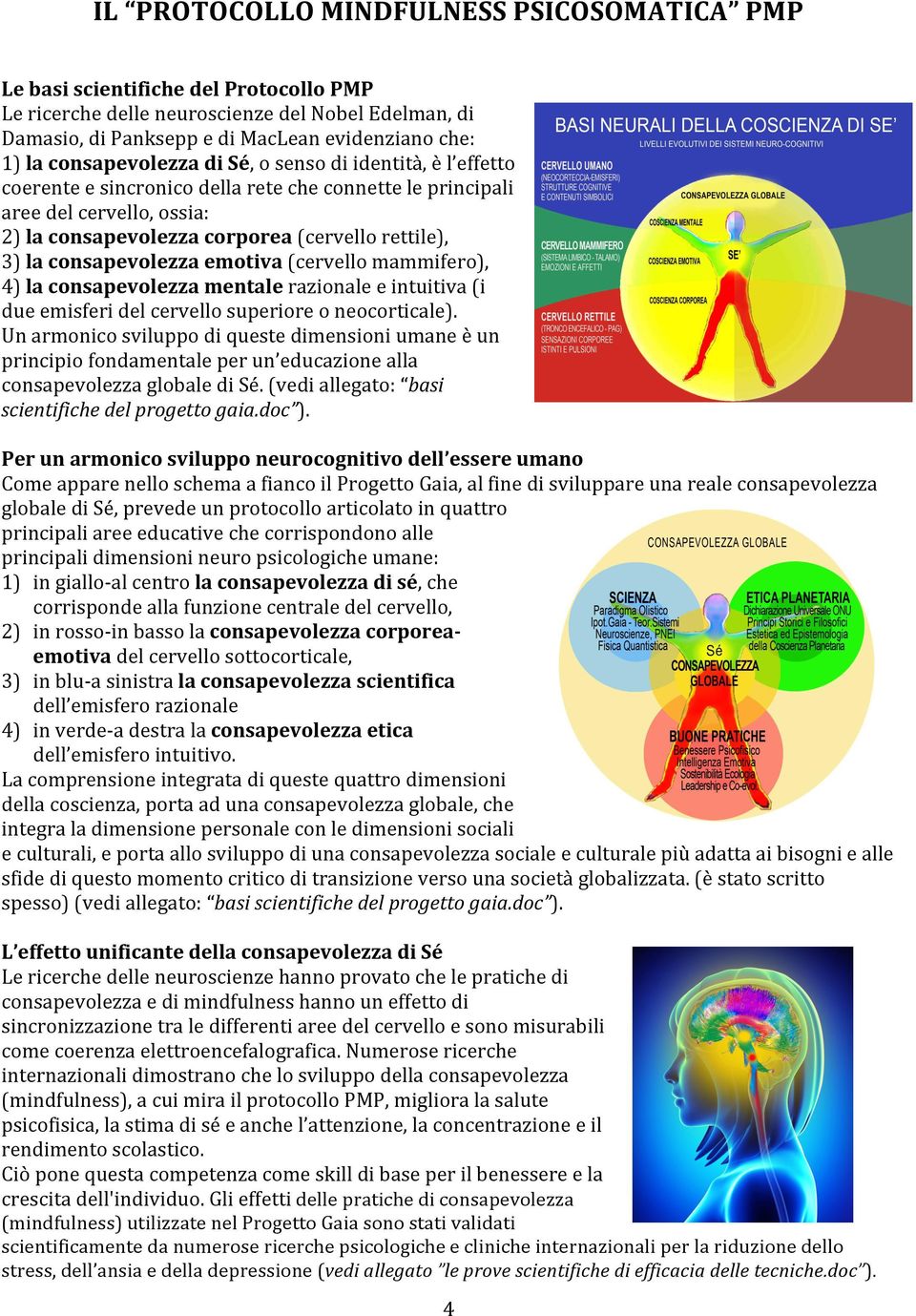 consapevolezza emotiva (cervello mammifero), 4) la consapevolezza mentale razionale e intuitiva (i due emisferi del cervello superiore o neocorticale).