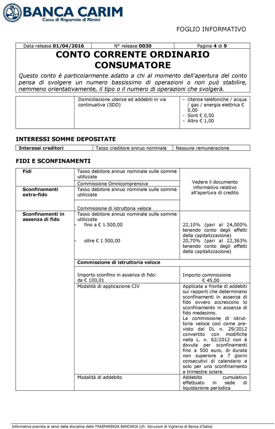 utilizzate Commissione Omnicomprensiva Tasso debitore annuo nominale sulle somme utilizzate Vedere il documento informativo relativo all apertura di credito Sconfinamenti in assenza di fido