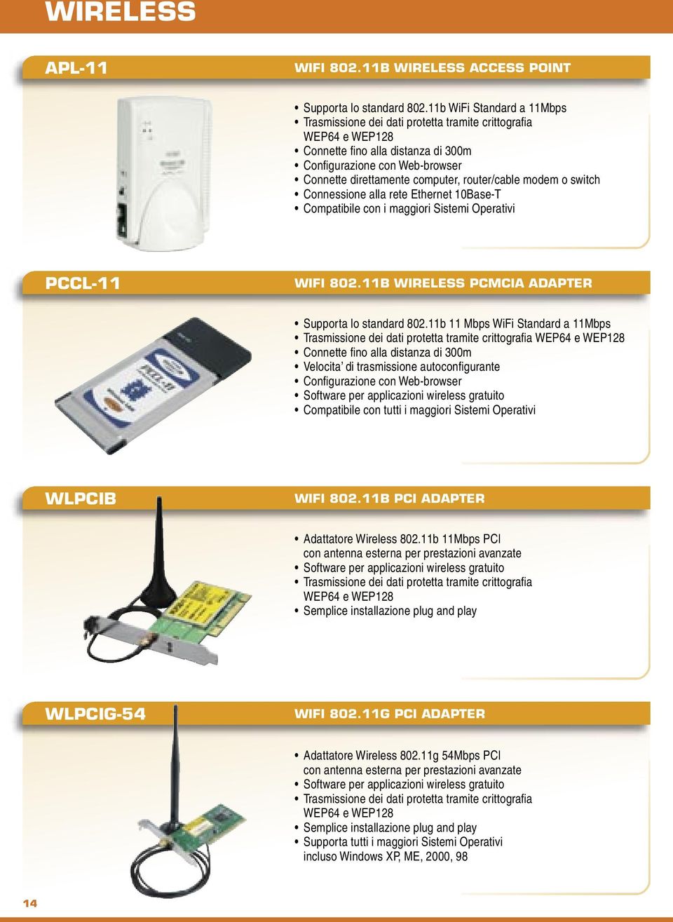 router/cable modem o switch Connessione alla rete Ethernet 10Base-T Compatibile con i maggiori Sistemi Operativi PCCL-11 WIFI 802.11B WIRELESS PCMCIA ADAPTER Supporta lo standard 802.