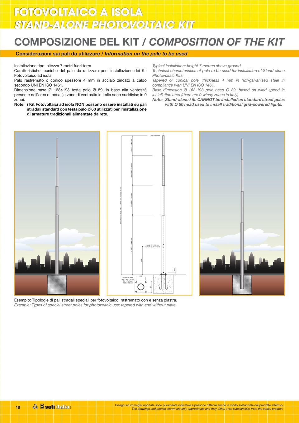 Dimensione base Ø 168 193 testa palo Ø 89, in base alla ventosità presente nell area di posa (le zone di ventosità in Italia sono suddivise in 9 zone).