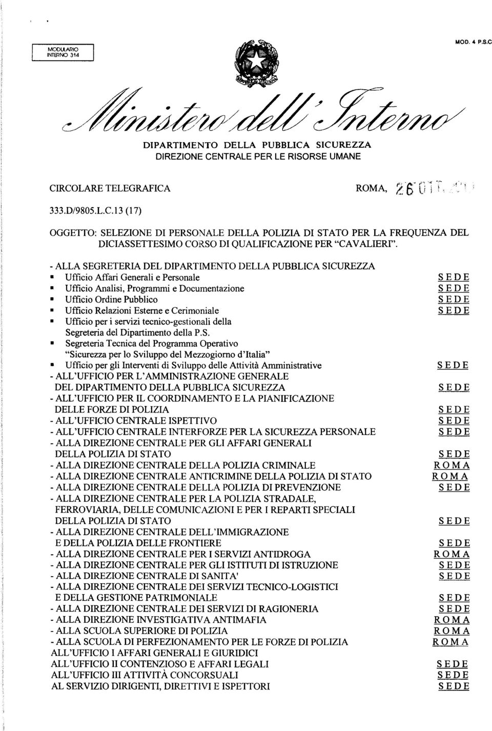 Cerimoniale Ufficio per i servizi tecnico-gestionali della Se